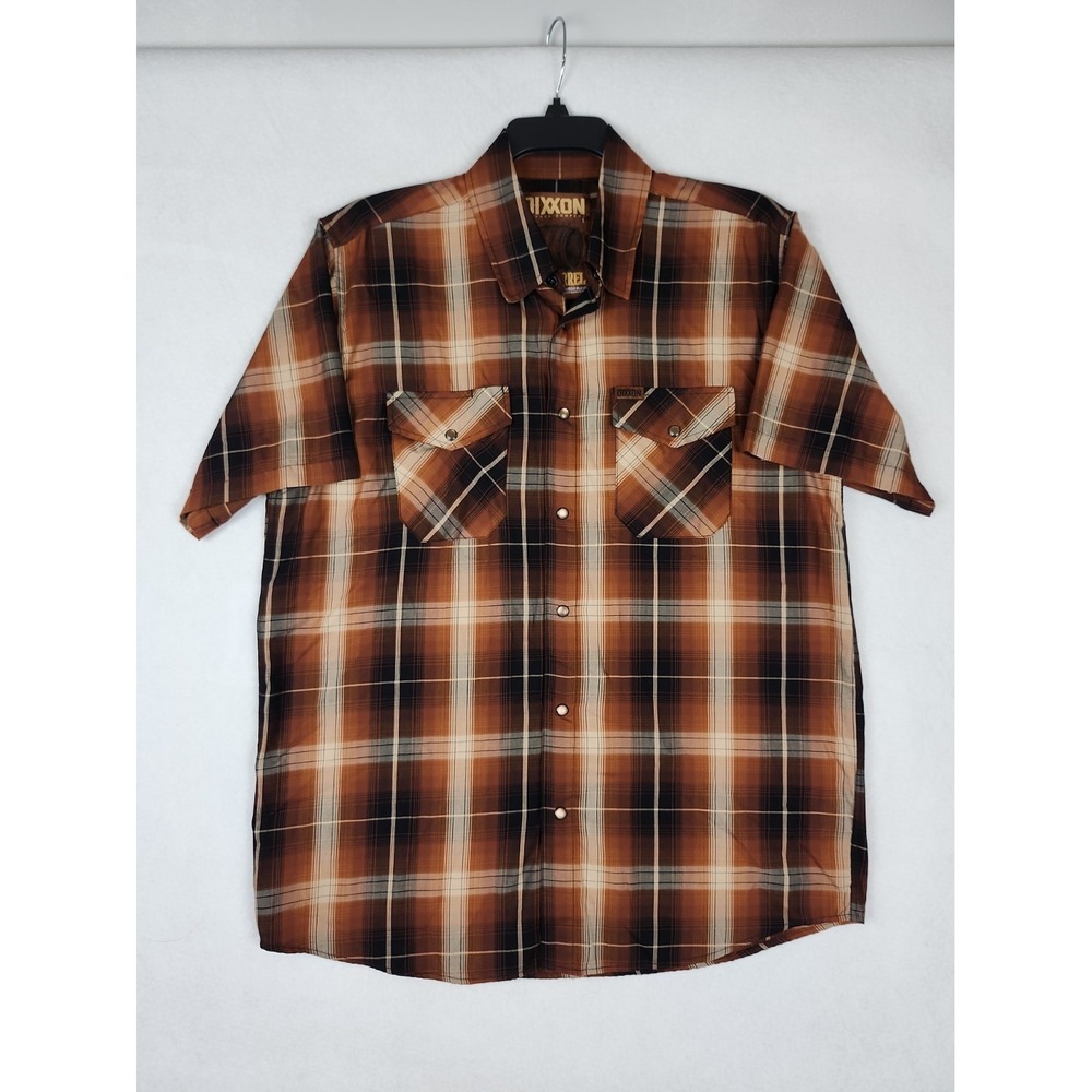 Dixxon The Barrel Shirt Mens L Brown Plaid Pearl Snap Short Sleeve Bamboo Blend